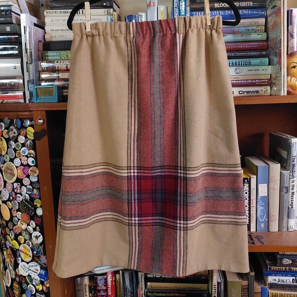 Vintage Handmade Plaid Winter Skirt Tan Red Wool Blend A-Line Elastic Waist